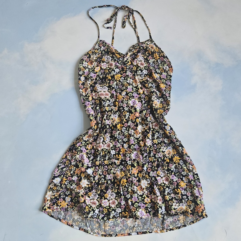 Mulitcolor Floral Halter Mini Dress Sundress, Mini Spring Dress Cottagecore